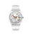 Transparente Armbanduhr mit durchsichtiger Basis, bunten Zeigern und sichtbarem Uhrwerk