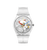 Transparente Armbanduhr mit offenem Blick auf das Uhrwerk und bunten Zeigern
