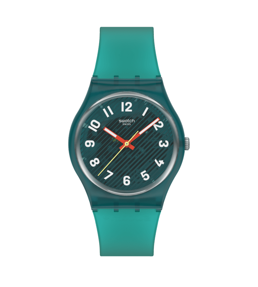 Swatch Damenuhr mit türkisfarbenem Armband und dunklem Zifferblatt, rote Zeiger
