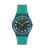 Swatch Damenuhr mit türkisfarbenem Armband und dunklem Zifferblatt, rote Zeiger