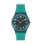 Swatch Damenuhr in Türkis mit rundem schwarzem Zifferblatt und roten Zeigern
