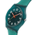 Swatch Damenuhr mit türkisfarbenem Gehäuse und Armband, schwarzes Zifferblatt, rote Zeiger