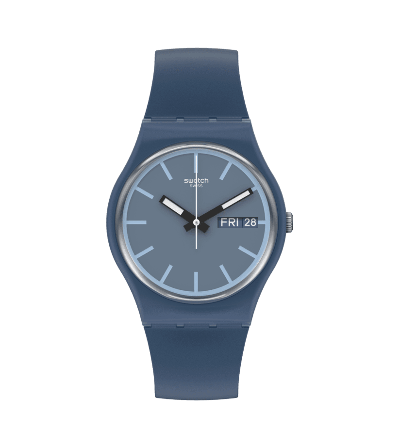 Damenarmbanduhr mit rundem blauem Zifferblatt, Stabzeigern und dunkelblauem Armband.