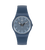 Damenarmbanduhr mit rundem blauem Zifferblatt, Stabzeigern und dunkelblauem Armband.