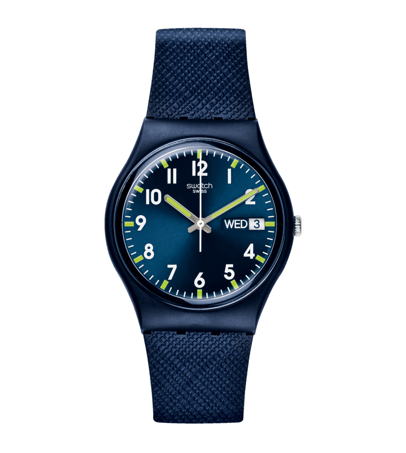 Swatch Armbanduhr: dunkelblaues Zifferblatt, blaues Textilband