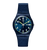 Swatch Armbanduhr: dunkelblaues Zifferblatt mit gelben Zeigern, blaues Textilband
