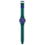Swatch Armbanduhr dunkelgrün mit blauem Zifferblatt, Leuchtzeigern und Datum „FRI 28“