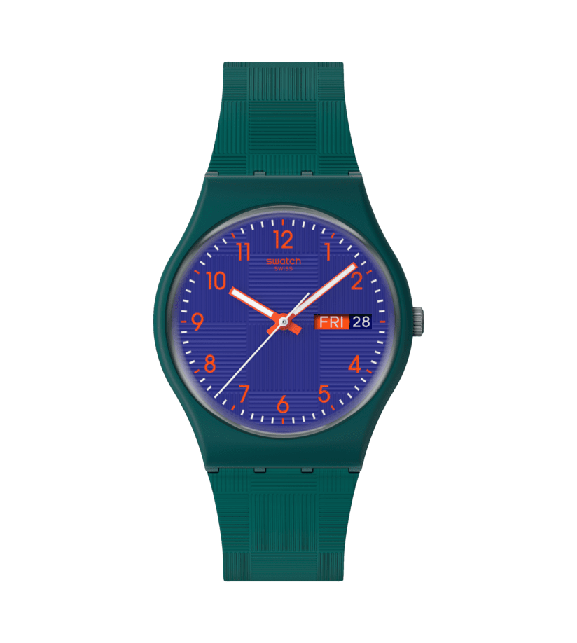 Swatch Armbanduhr dunkelgrün, blaues Zifferblatt, Leuchtzeiger, Datum „FRI 28“