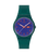 Swatch Armbanduhr dunkelgrün, blaues Zifferblatt, Leuchtzeiger, Datum „FRI 28“