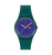 Swatch Armbanduhr dunkelgrün, blaues Zifferblatt, Leuchtzeiger, Datum „FRI 28“