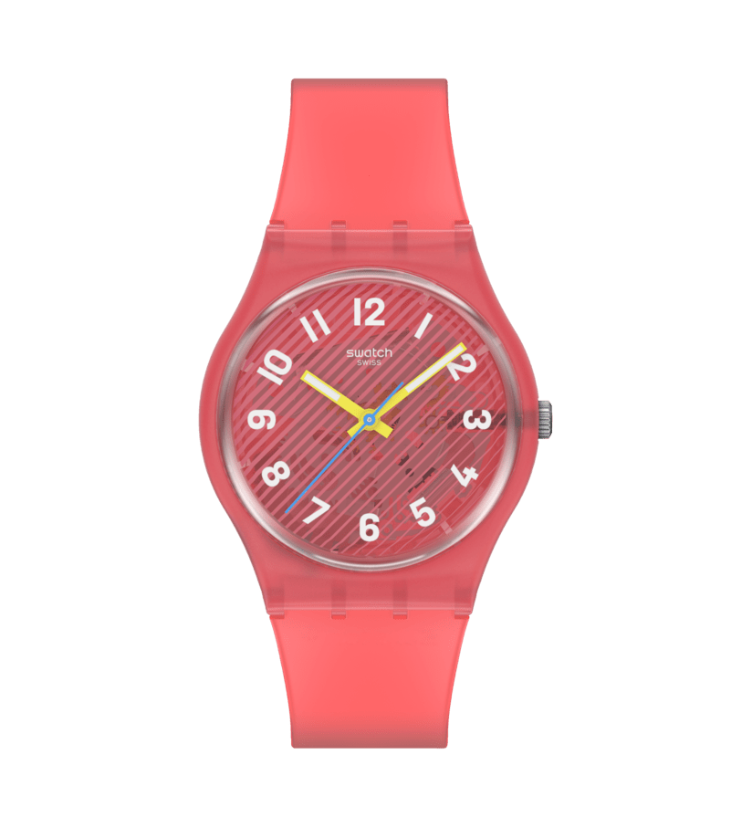 Swatch Damenuhr mit Quarzwerk: rundes Gehäuse, korallenfarbenes Silikonarmband, Zifferblatt