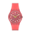 Swatch Damenuhr mit Quarzwerk: rundes Gehäuse, korallenfarbenes Silikonarmband, Zifferblatt