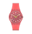Swatch Damenuhr mit korallenfarbenem Silikonarmband, rundem Gehäuse und gelbgrünen Zeigern
