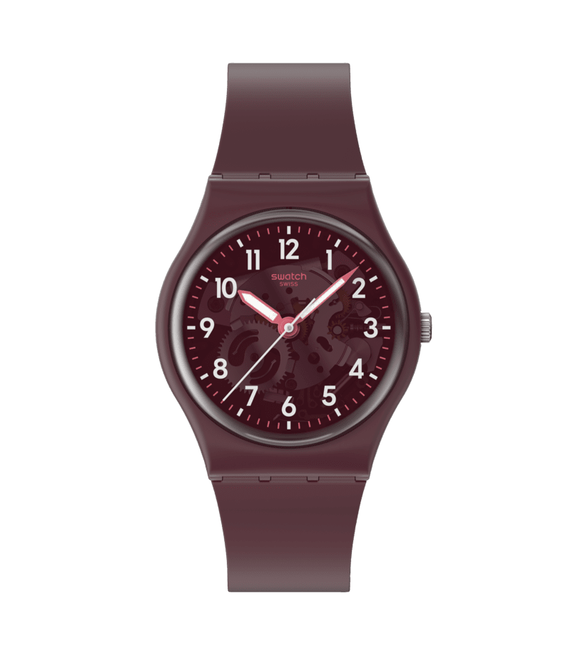 Armbanduhr mit burgunderfarbenem Silikonarmband und rundem Zifferblatt, weiße Ziffern