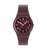 Armbanduhr mit burgunderfarbenem Silikonarmband und rundem Zifferblatt mit weißen Stundenmarkierungen