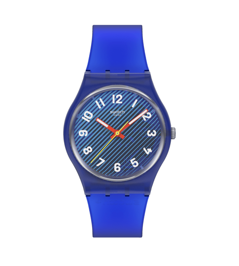 Blaue Damenuhr mit rundem Zifferblatt und blauem Silikonarmband