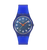 Blaue Damenuhr mit rundem Zifferblatt, bunten Zeigern und blauem Silikonarmband