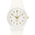 Swatch Armbanduhr Detail: weißes Zifferblatt mit goldenen Punkten, goldenen Zeigern