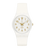 Swatch Armbanduhr mit weißem Silikonarmband, rundem Zifferblatt und goldenen Zeigern