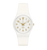 Swatch Armbanduhr mit weißem Armband, rundes Zifferblatt mit goldenen Zahlen und Zeigern