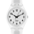 Weiße Armbanduhr mit rundem Zifferblatt, Punkt-Indexen und schwarzen Zeigern, weißes Band