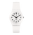 Weiße Armbanduhr mit rundem Zifferblatt, schwarzen Indexen und Zeigern, weißes Silikonband