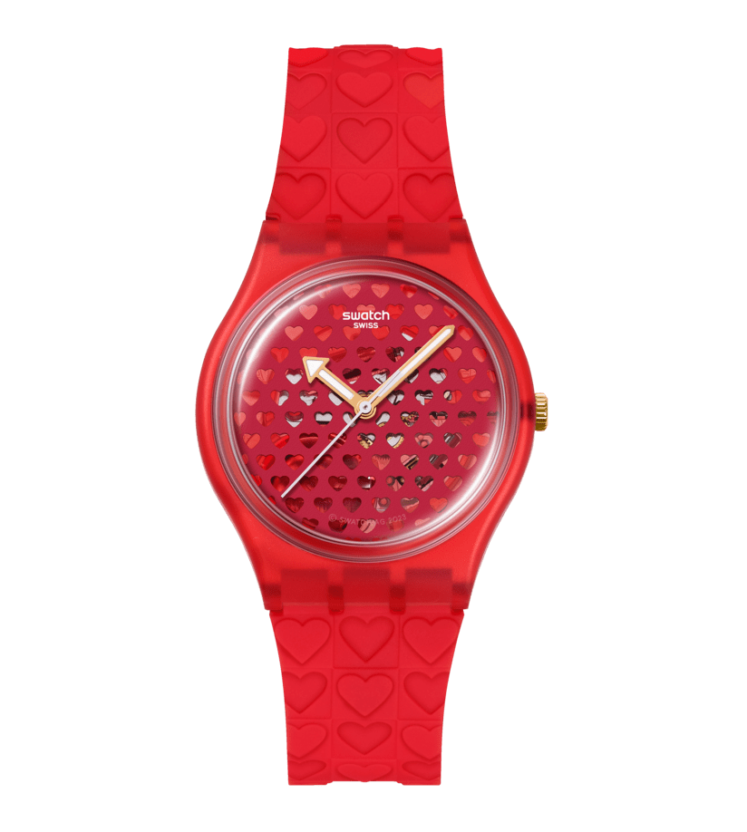 Swatch Damenuhr mit rotem Herzarmband und rundem Zifferblatt, goldene Zeiger