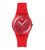 Swatch Damenuhr mit rotem Herzarmband und rundem Zifferblatt, goldene Zeiger