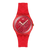 Swatch Damenuhr mit rotem Herzarmband, rundem Zifferblatt mit Herzmotiven und goldenen Zeigern