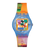 Armbanduhr mit transparentem blau-orangem Kunststoffarmband und Kunstdruck-Zifferblatt