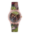 Damenuhr mit rosafarbenem Gehäuse und farbig gemustertem Armband, rundes Zifferblatt