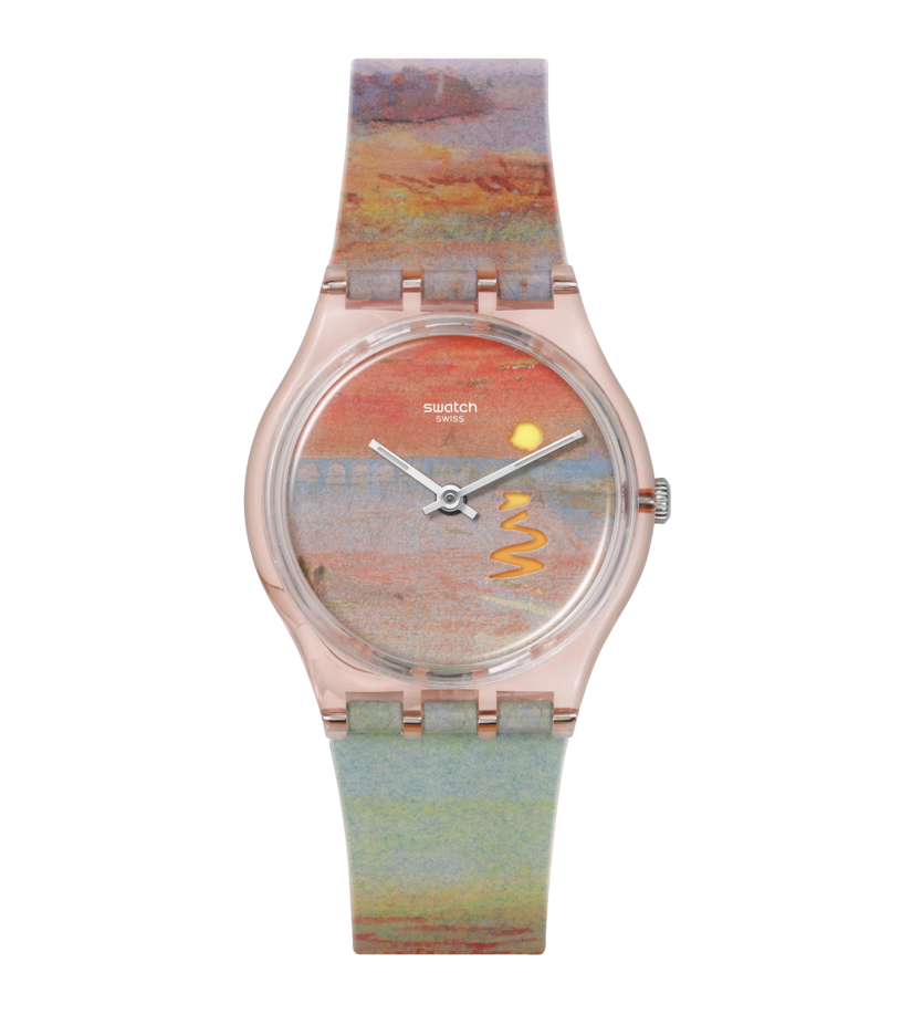 Analoge Swatch-Armbanduhr mit transparentem Gehäuse, mehrfarbigem Armband und Zifferblatt