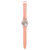 Analoge Swatch-Armbanduhr mit transparentem Gehäuse und rosafarbenem Armband