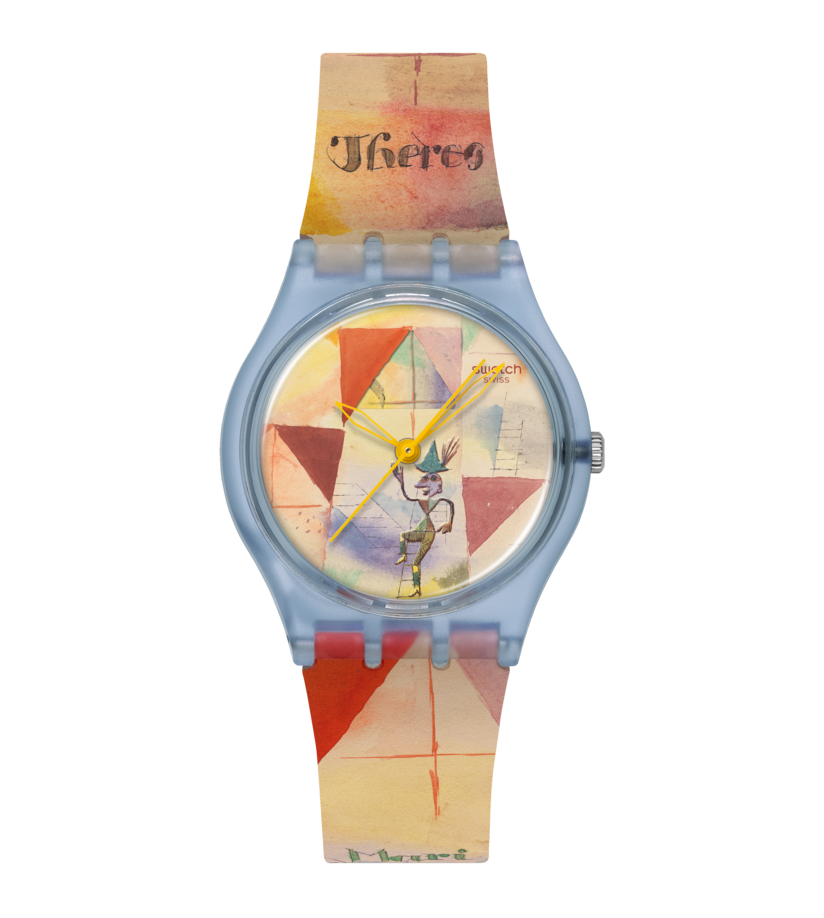 Armbanduhr mit hellem bedrucktem Armband und rundem blauem Zifferblatt