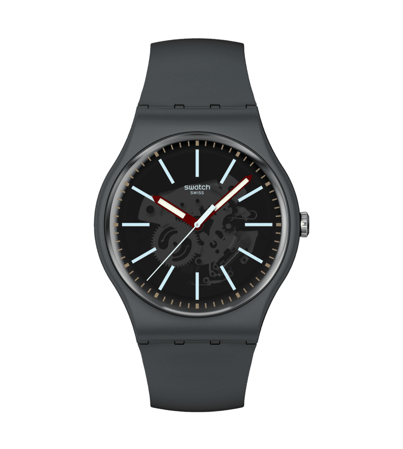 Dunkelgraue Armbanduhr mit schwarzem Zifferblatt, Zeigern und runden Indexen.