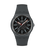 Dunkelgraue Armbanduhr mit schwarzem Zifferblatt, Zeigern und runden Indexen.