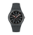 Armbanduhr mit dunkelgrauem Silikonarmband und schwarzem Zifferblatt mit Chrono-Optik.