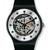 Schwarze Swatch Armbanduhr mit offenem Zifferblatt und Sichtfenster, silberne Schrauben