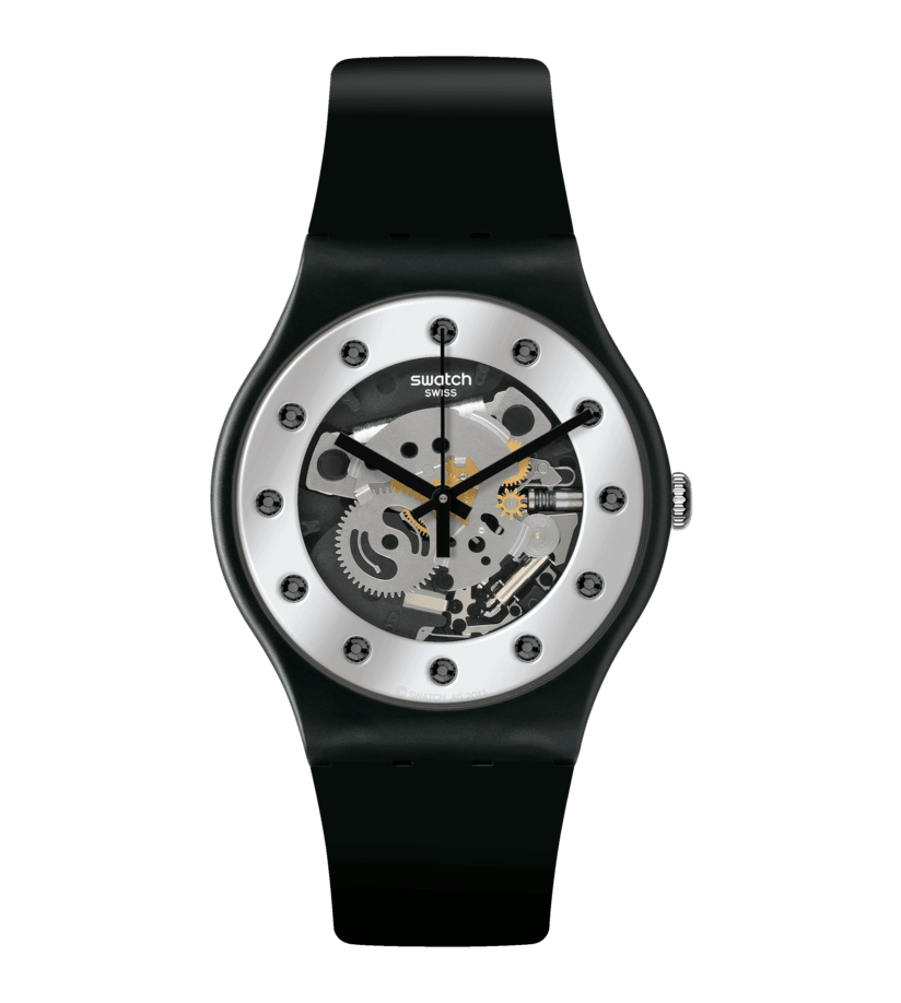 Schwarze Swatch Armbanduhr mit Sichtfenster auf das Uhrwerk, silberne Lünette