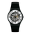 Schwarze Swatch Armbanduhr mit Sichtfenster auf das Uhrwerk, silberne Lünette