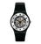 Schwarze Swatch Armbanduhr mit Sichtfenster und Zifferblatt im Skelettlook