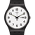 Detailansicht Armbanduhr: weißes Zifferblatt, schwarzes Gehäuse, Tages- und Datumsanzeige