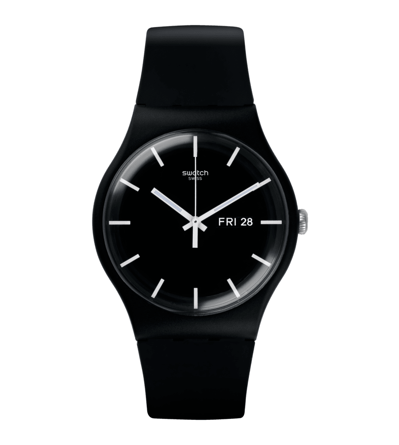 Schwarze Swatch Herrenarmbanduhr mit rundem Zifferblatt und „FRI 28“ Datumsanzeige