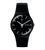 Schwarze Swatch Herrenarmbanduhr mit rundem Zifferblatt und „FRI 28“ Datumsanzeige