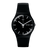 Schwarze Swatch Herrenarmbanduhr mit rundem Zifferblatt und „FRI 28“ Datumsanzeige