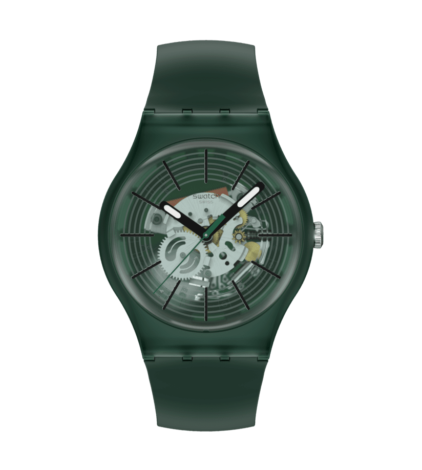 Swatch Armbanduhr: grünes Muster-Zifferblatt, Kunststoffarmband, silberne Zeiger
