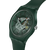 Swatch Armbanduhr schräg: grünes Zifferblatt mit Muster, runde Krone seitlich