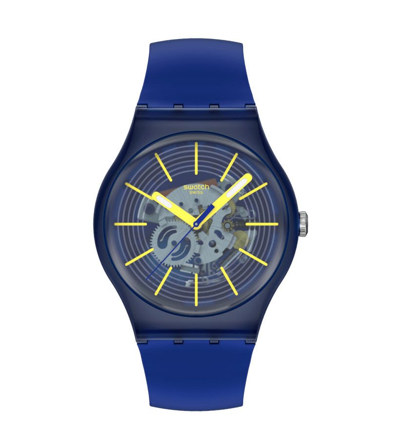 Swatch Armbanduhr mit blauem Silikonarmband, rundem blauem Zifferblatt und gelben Zeigern.