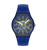 Swatch Armbanduhr rundes blaues Zifferblatt mit gelben Leuchtzeigern, blaues Silikonarmband.