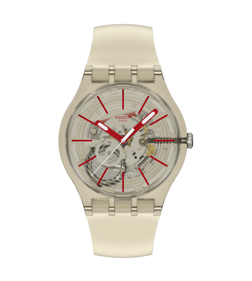 Beige Armbanduhr mit Edelstahlband, rundem Zifferblatt und roten Indexen